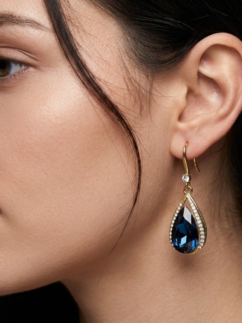 Gold Teardrop Earrings with Navy Blue Crystal Accent